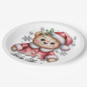 Süßer Weihnachtsbär und Schneeflocken Pappteller (Schrägansicht)