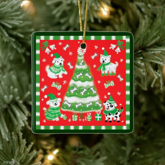 Süßer Weihnachtsbaum und Hundewelpen mit Knochen Keramikornament (Baum)
