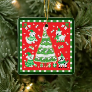 Süßer Weihnachtsbaum und Welpen mit Knochen Keramikornament
