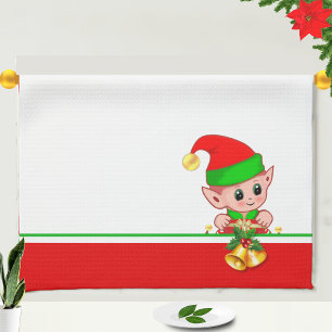 Süßer Weihnachtself auf Grün, Rot und Weiß Geschirrtuch