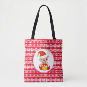 Süßer Weihnachtself auf Rot und Weiß Tasche