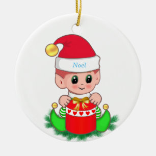 Süßer Weihnachtself & Geschenkbox Keramik Ornament