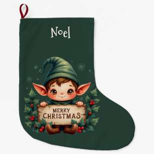 Süßer Weihnachtself hält fröhliches Schild Grün Großer Weihnachtsstrumpf