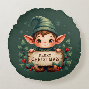 Süßer Weihnachtself hält fröhliches Schild Grün Rundes Kissen