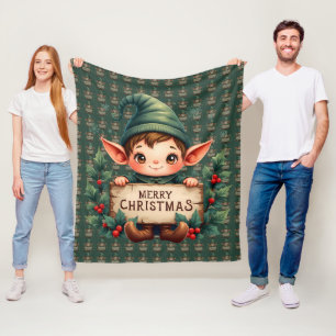 Süßer Weihnachtself hält fröhliches Schild in Grün Fleecedecke