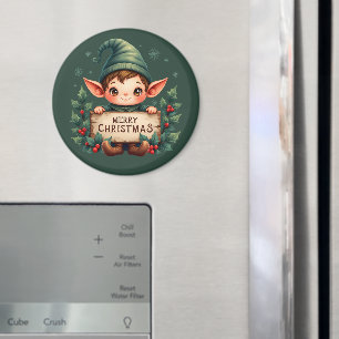 Süßer Weihnachtself hält fröhliches Schild in Grün Magnet