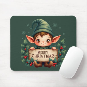 Süßer Weihnachtself hält fröhliches Schild in Grün Mousepad