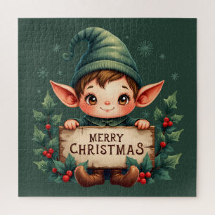Süßer Weihnachtself hält fröhliches Schild in Grün Puzzle