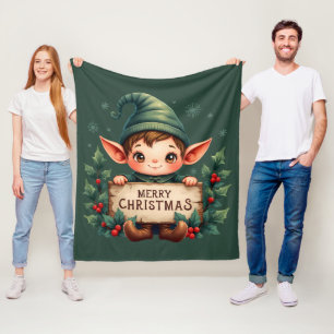 Süßer Weihnachtself hält fröhliches Schild Rot Fleecedecke