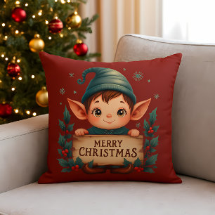 Süßer Weihnachtself hält fröhliches Schild Rot Kissen