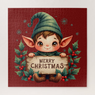 Süßer Weihnachtself hält fröhliches Schild Rot Puzzle