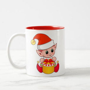 Süßer Weihnachtself mit Geschenkbox Zweifarbige Tasse