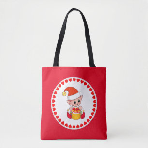 Süßer Weihnachtself umgeben von Herzen auf Rot Tasche