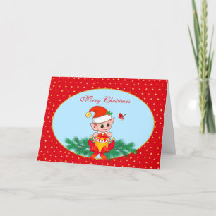 Süßer Weihnachtself & Vogel auf Hellblau und Rot Feiertagskarte