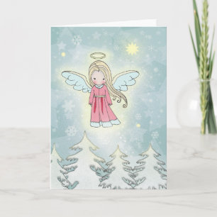 Süßer Weihnachtsengel über den Bäumen Feiertagskarte