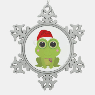 Süßer Weihnachtsfrosch mit Santa-Hut und festliche Schneeflocken Zinn-Ornament