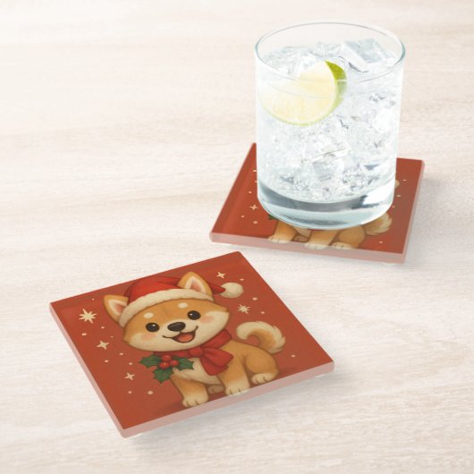 Süßer Weihnachtshund Glasuntersetzer (Schrägansicht)