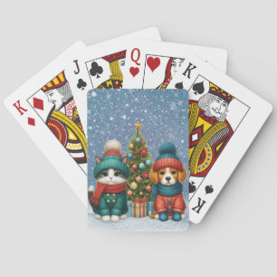Süßer Weihnachtshund & Kätzchen Spielkarten