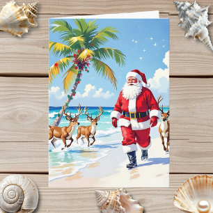 Süßer Weihnachtsmann am Strand und Fotovorlage Wei Feiertagskarte