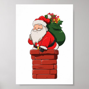 Süßer Weihnachtsmann mit Geschenktasche steigt in  Poster