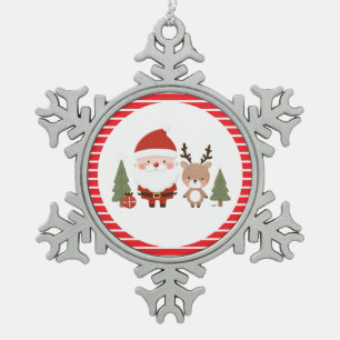 Süßer Weihnachtsmann & Rentiere Schneeflocken Zinn-Ornament