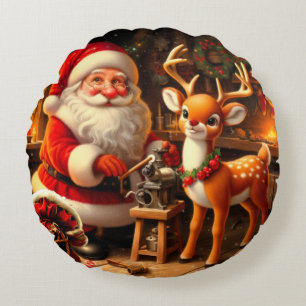 Süßer Weihnachtsmann und Rentiere Rundes Kissen