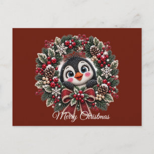 Süßer Weihnachtspinguin im festlichen Kranz Urlaub Postkarte