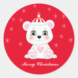 Süßer Weihnachtspolarbär und Schneeflocken auf Rot Runder Aufkleber