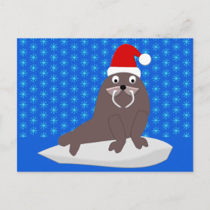 Süßer Weihnachtswalross und Schneeflocken Postkarte