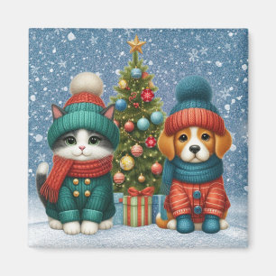 Süßer Weihnachtswelpe & Kätzchen Magnet