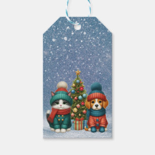 Süßer Weihnachtswelpe und Kätzchen Geschenkanhänger