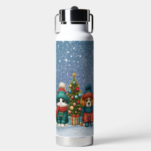 Süßer Weihnachtswelpe und Kätzchen Trinkflasche