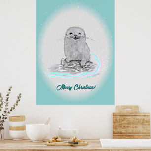 Süßer weißer Baby Seeotter, Frohe Weihnachten Poster
