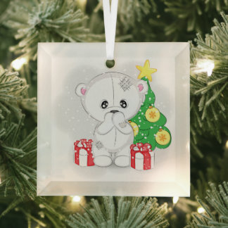 Süßer Weißer Bär & Weihnachtsbaum Ornament Aus Glas