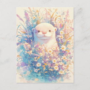 Süßer Weißer Otter auf einer pastellfarbenen Wildb Postkarte