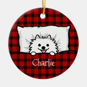Süßer Weißer Pomeranian Hund im Bett Custom Keramik Ornament