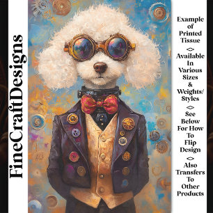 Süßer Weißer Steampunk Pudel Hund AX6 Decoupage Seidenpapier