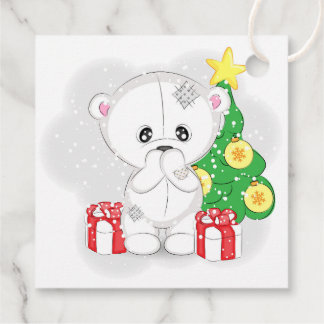 Süßer weißer Teddybär & Weihnachtsbaum Geschenkanhänger