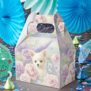 süßer weißer Welpe mit Blumen Geschenkschachtel