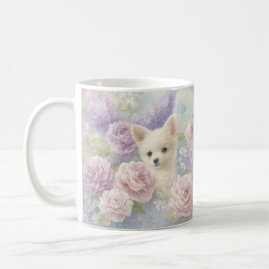 süßer weißer Welpe mit Blumen Kaffeetasse (Links)