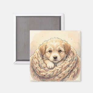 Süßer Welpe eingewickelt in eine gestrickte Decke Magnet