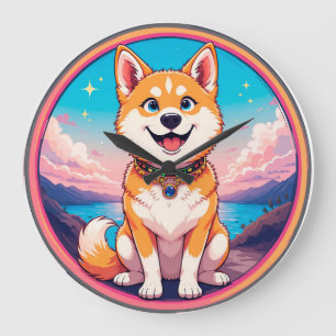 Süßer Welpe im bunten Cartoon-Stil Design Große Wanduhr