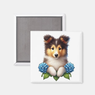 Süßer Welpe mit blauen Blumen Magnet