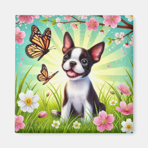 Süßer Welpe mit Blüten und Schmetterlingen Magnet