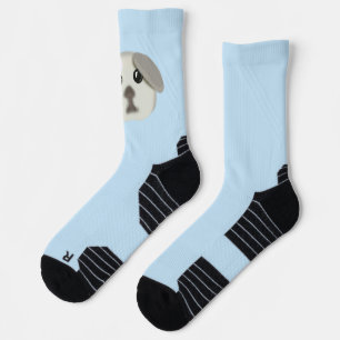 Süßer Welpe mit rosa Schleife und hellblauen Socke