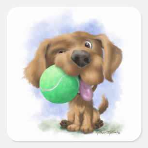 Süßer Welpe mit Tennisball Cartoon Quadratischer Aufkleber