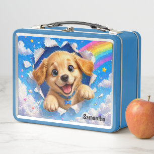 Süßer Welpe Regenbogen Hund bricht durch Metall Brotdose