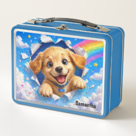 Süßer Welpe Regenbogen Hund bricht durch Metall Brotdose