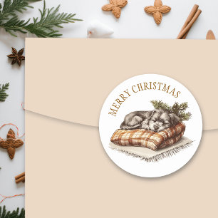 Süßer Welpe schläft auf warmer Decke Weihnachten Runder Aufkleber
