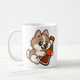 Süßer Welpe umarmt Sodawasserflasche Kaffeetasse